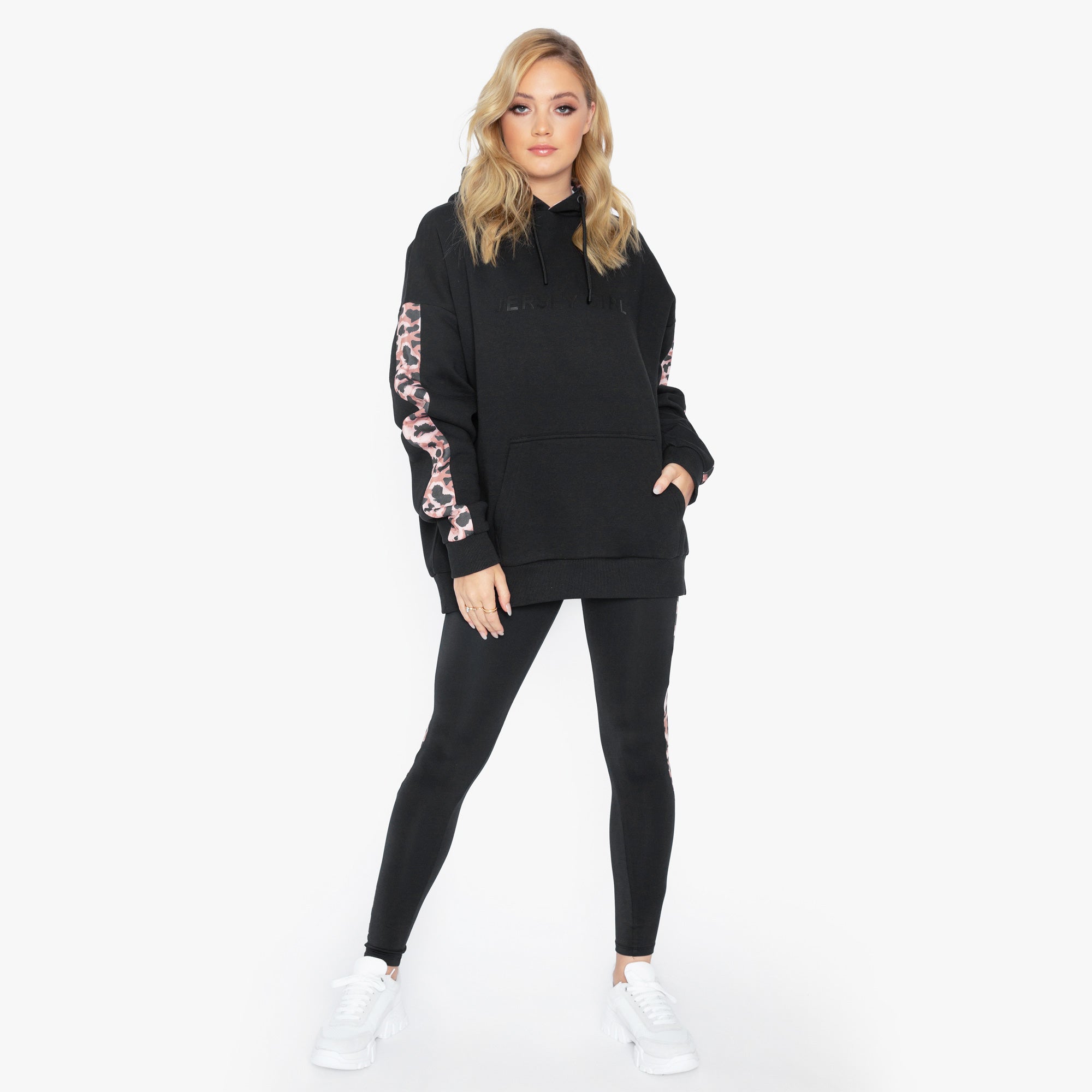 Black Oversized Hoodie with Leopard Panel Jersey Girl Official